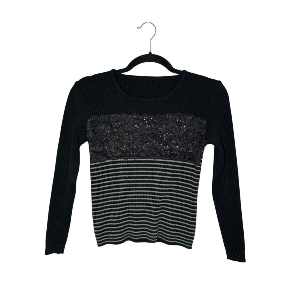 Vtg Striped Knit Sweater Women's Medium‎ Black Lace Sequin Stretch Hipster Y2K